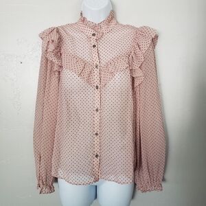 Zara Women's Small Sheer Light Pink Long Sleeve Blouse Red Velvet Polka Dots Top